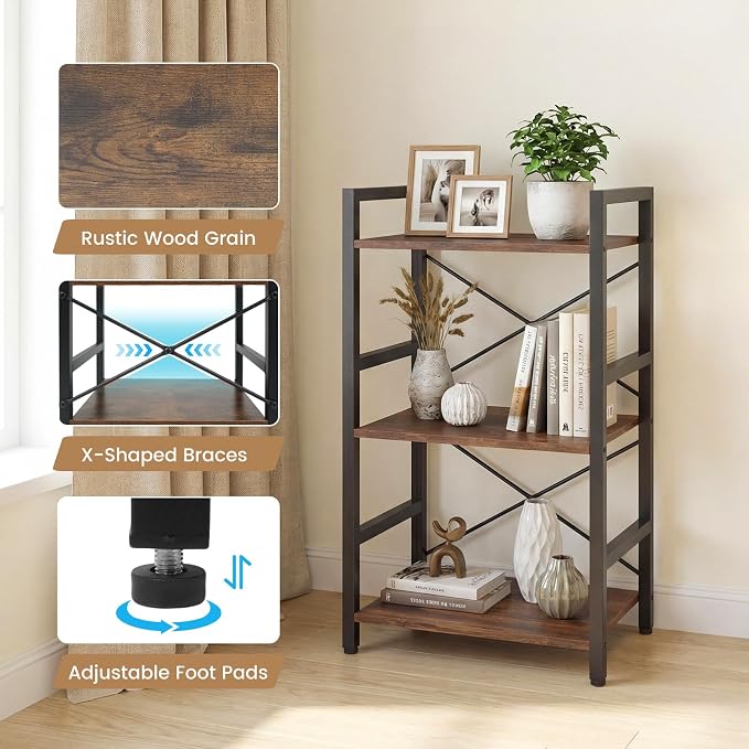 Tangkula 3-Tier Industrial Bookshelf, 16.5" Width Wooden Open Bookcase - Image 6