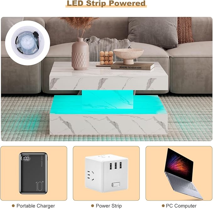 HedoAjim White Marble LED Coffee Table - Image 5