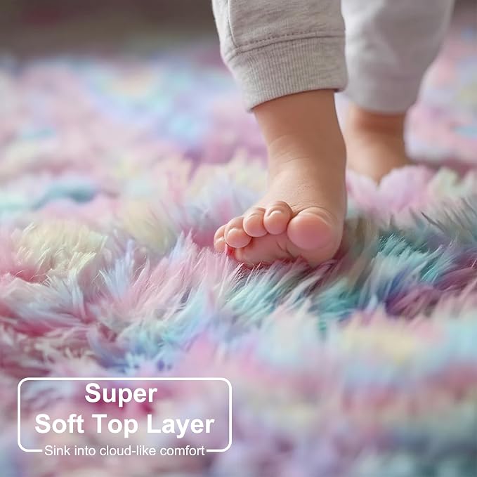 Amdrebio Rainbow Fluffy Round Rug 4Ft Kids Rugs - Image 4