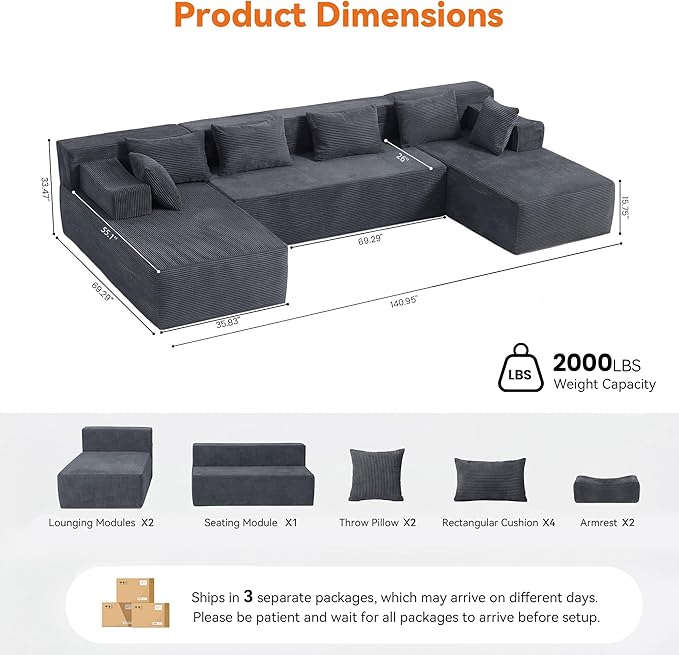 MONVANE 141" U Shaped Cloud Sectional Couch - Image 3