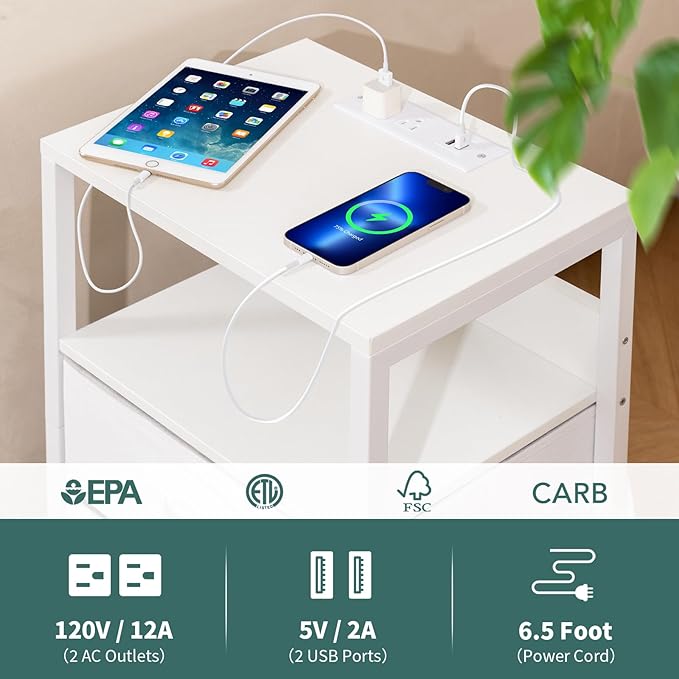 Yoobure Nightstand with Charging Station, LED Night Stand with Fabric Drawers - Image 7