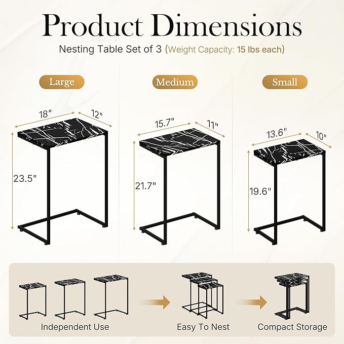 SUPER DEAL Nesting Tables Set of 3, Industrial C Shaped End Table Stackable - Image 3