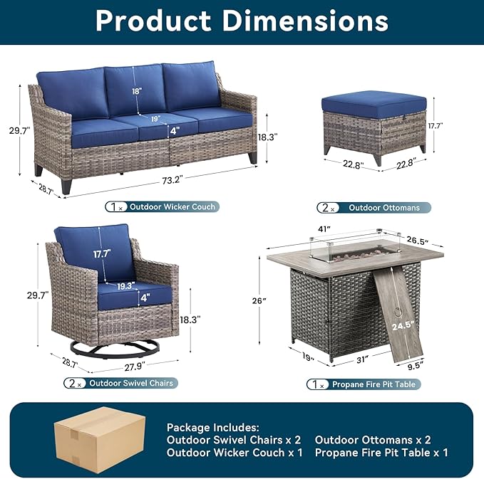 Patio Furniture Set with 42.5" Fire Pit Table-6 Pieces All Weather Wicker - Image 8