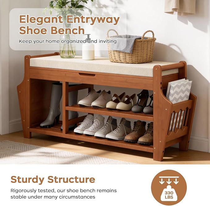 oakvivo 39.4in Shoe Bench with 2 Side Holder, 3 Tier Bamboo Entryway Bench with - Image 7