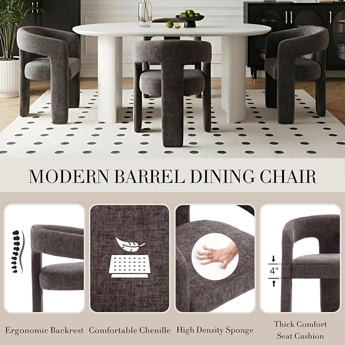 Modern Chenille Barrel Dining Chair Upholstered Fabric Dining Room Chair - Image 4