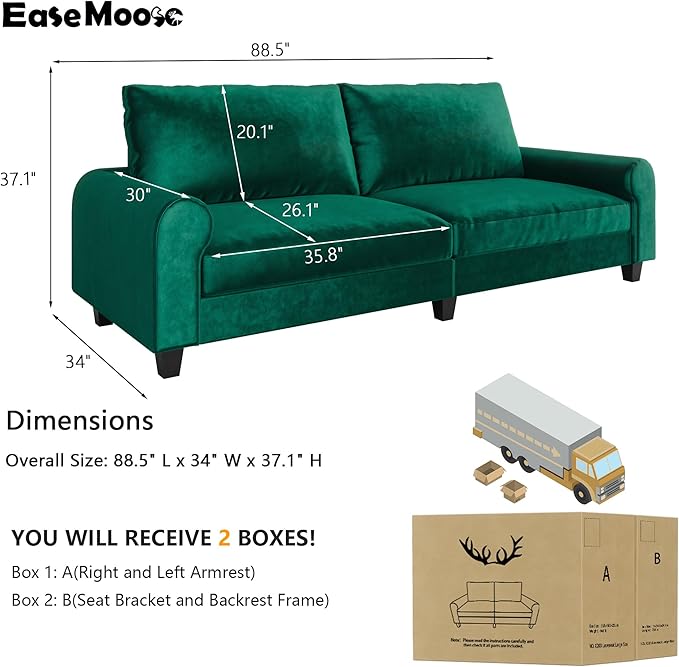 EASE MOOSE 88.5" Large Seat Velvet Loveseat Sofa, Soft Deep Seat Couches - Image 2