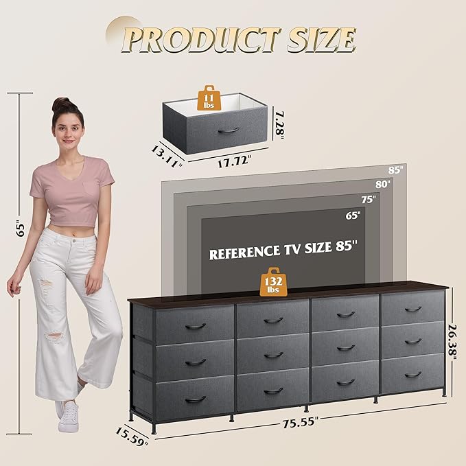 WLIVE 75.5'' Dresser for Bedroom, TV Stand for 85, 65 Inch TV, 12 Drawer Long - Image 3