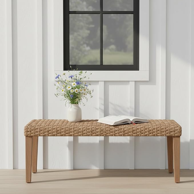 Outdoor Backless Bench, All-Weather Wicker & Solid Acacia Wood, Premium Garden by AVCONNECT