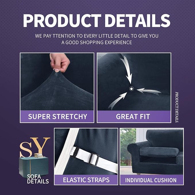 ZNSAYOTX Luxury Velvet Couch Cover 4 Piece Stretch Sofa Covers - Image 4