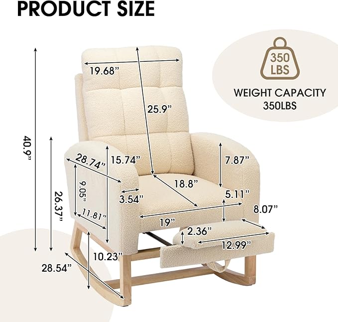 NIOIIKIT Modern Nursery Rocking Chair, Teddy Upholstered Rocking Chair - Image 2