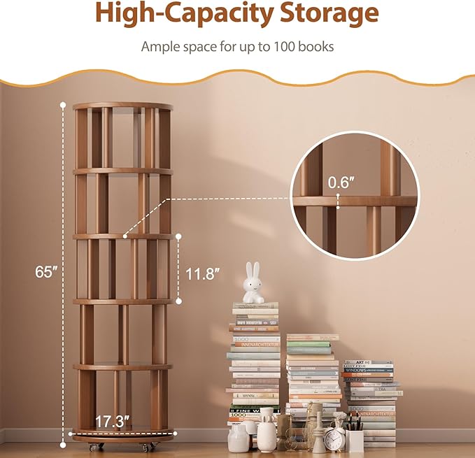 Muwuele Solid Wood Rotating Bookshelf on Wheels, 5 Tier, Round Revolving - Image 2
