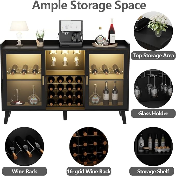 Loomie Wine Bar Cabinet with LED Light, Home Coffee Cabinet with Wine Rack and - Image 4