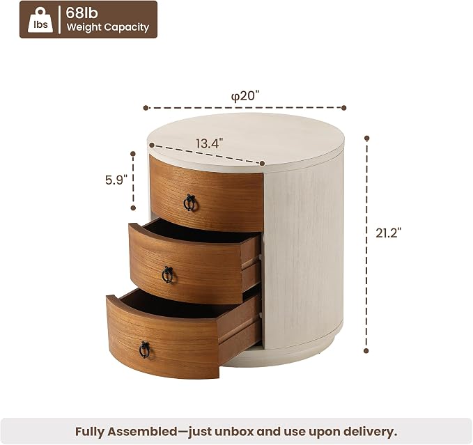 HOMPUS Round 3 Drawer Nightstand Set 2, Farmhouse Chest of Drawers, No Assemble - Image 3