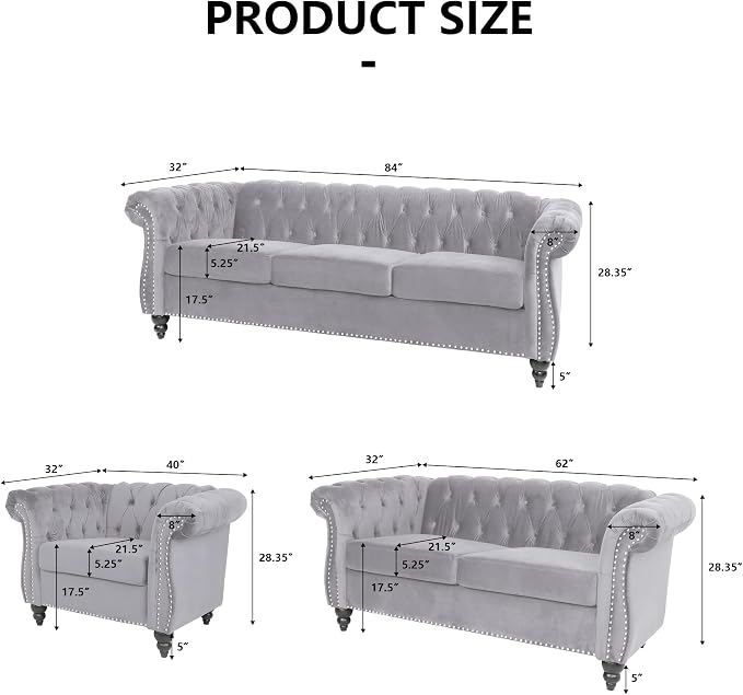RARZOE 3 Pieces of Living Room Furniture Sofa Sets, Modern Velvet Chesterfield - Image 2