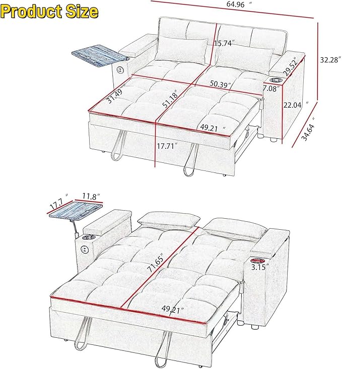 oaaktu 65''Convertible Sleeper Sofa Bed, 3-in-1 Pull Out Couch Bed - Image 2