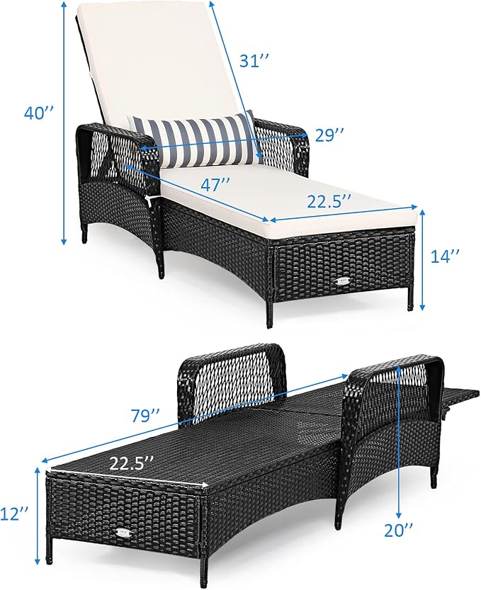 COSTWAY PE Rattan Chaise Lounge Chair Armrest Recliner Adjustable Pillow Black - Image 3