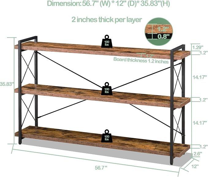 HCHQHS Bookshelf, 3-Tier Long Industrial Bookcase, Rustic Open Book Shelf - Image 3