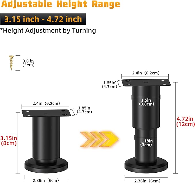 Wlrrcwdttc 4 Pcs Metal Adjustable Furniture Legs 3.15-4.72 inch, Adjustable - Image 2