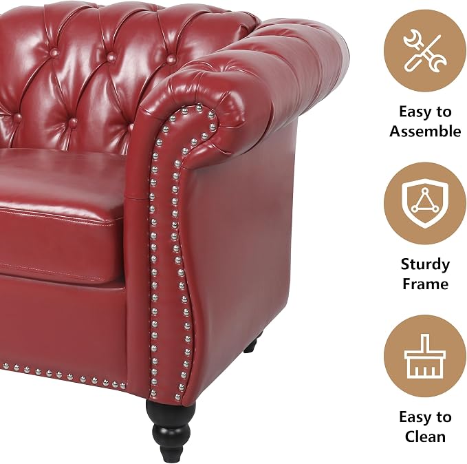 AVZEAR Chesterfield Leather Sofa 3 Seater Couch, Mid-Century Large Sofa Roll - Image 7