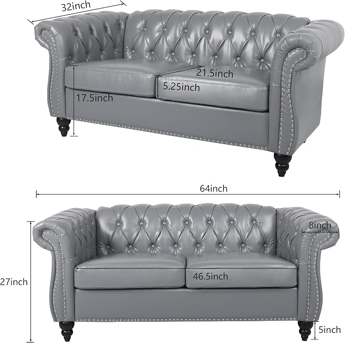 ORRD 3 Piece Living Room Set, Chesterfield Leather Sofa Loveseat Couch Chair - Image 6