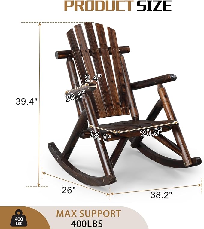 Outvita Wooden Rocking Chair, Fir Log Adirondack Rocker, Outdoor Wood Accent - Image 3