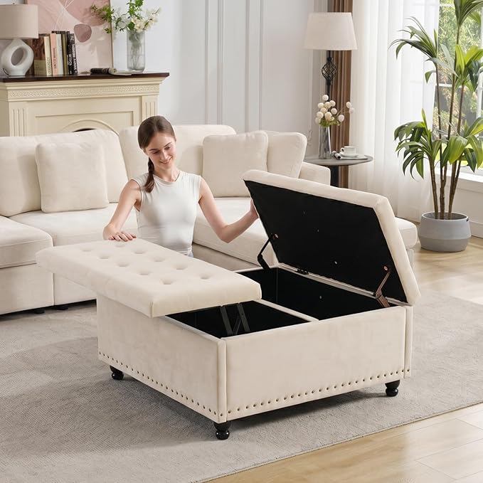 Tbfit Large Square Storage Ottoman Bench, Tufted Upholstered Coffee Table by TBfit