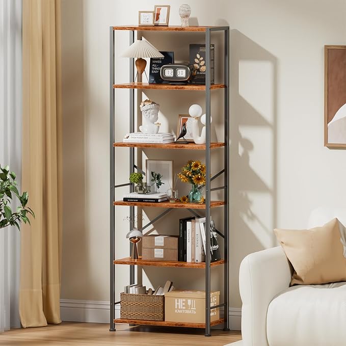 Furologee 6 Tier Book Shelf, Tall Wide Bookshelf, Industrial Open Bookcase - Image 2