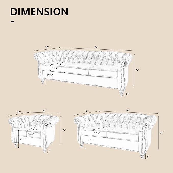 QHITTY 3 Piece Living Room Set, Sectional Chesterfield Sofa Chair Contemporary - Image 2