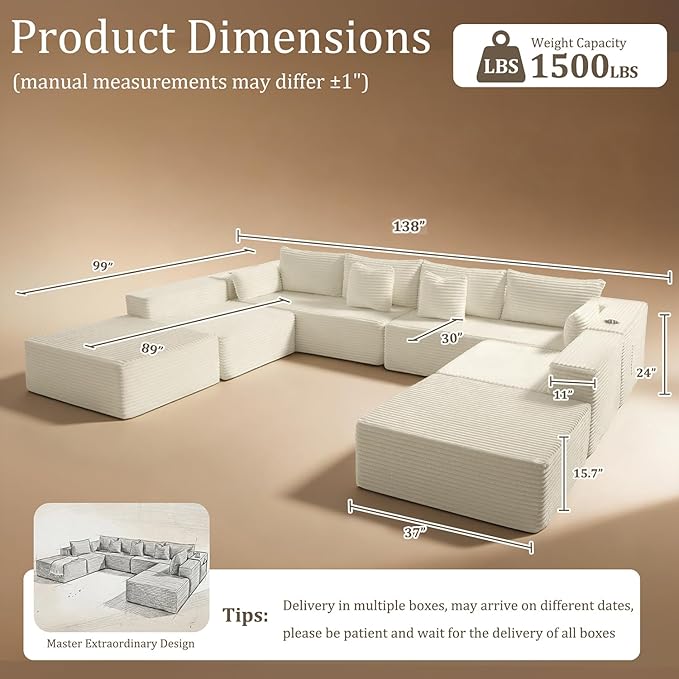 138" Cloud Sectional Couch, Comfort U Shaped Sofa - Image 2