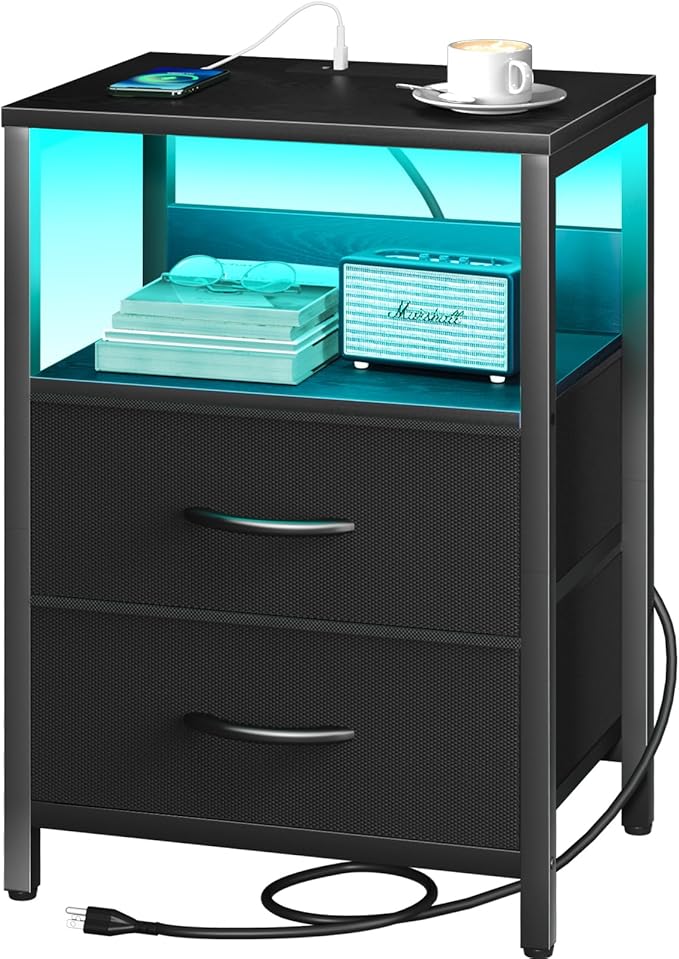 Yoobure Nightstand with Charging Station, LED Night Stand with Fabric Drawers by Yoobure