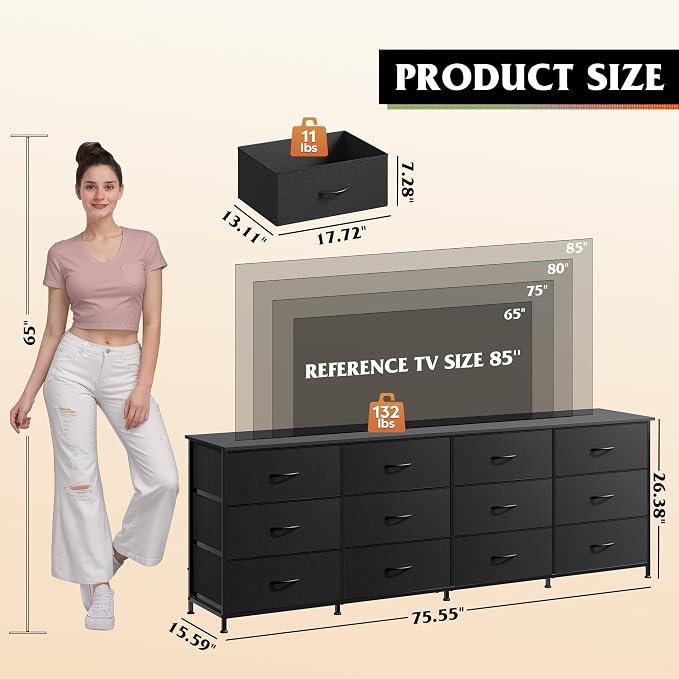 WLIVE 75.5'' Black Dresser for Bedroom, TV Stand for 85, 65 Inch TV, 12 Drawer - Image 3