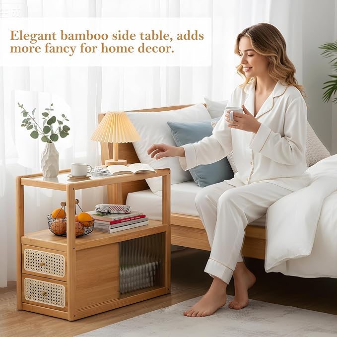 Tiita Rattan Nightstand Side Table, Bamboo Accent Bedside Tables, Glass Coffee - Image 5