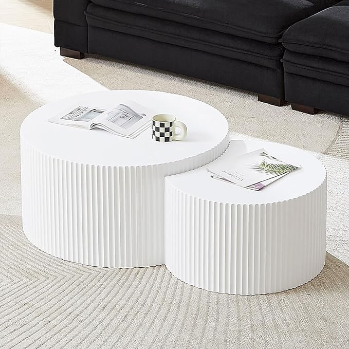 White Round Coffee Table Nesting Coffee Table Set of 2 Circle Fluted Cofee by JURMALYN