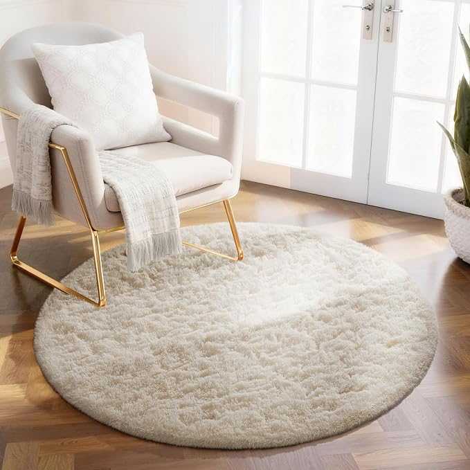 Ophanie Round Rug 2Ft Ivory Circle Area Rug, Fluffy Fuzzy Bedroom Carpet by Ophanie