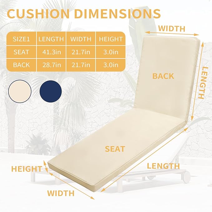 Outdoor Chaise Lounge Cushions for Patio, Waterproof Replacement Seat Cushions - Image 4