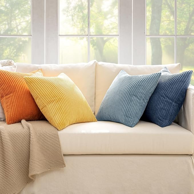 MIULEE Pack of 4 Blue-Orange Corduroy Decorative Throw Pillow Covers 18x18 Inch - Image 2