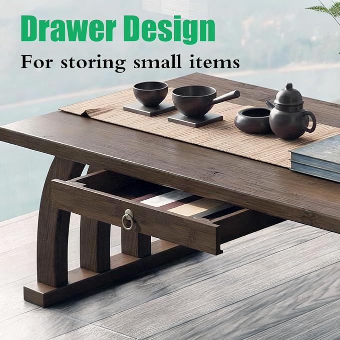 Portable Japanese Floor Table, Wooden Rectangular Coffee Table - Image 4
