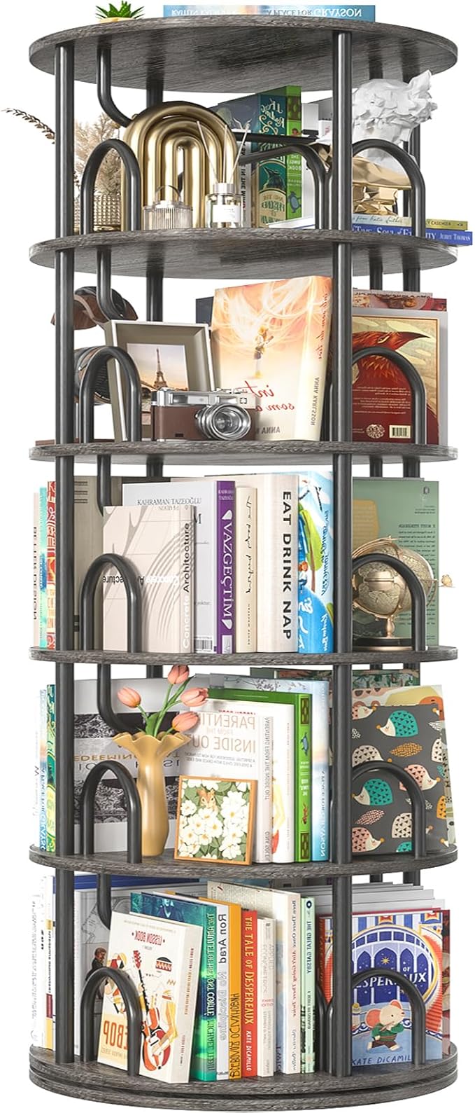 Aheaplus 5 Tier Rotating Bookshelf Tower, 360 Display Spinning Bookcase by Aheaplus