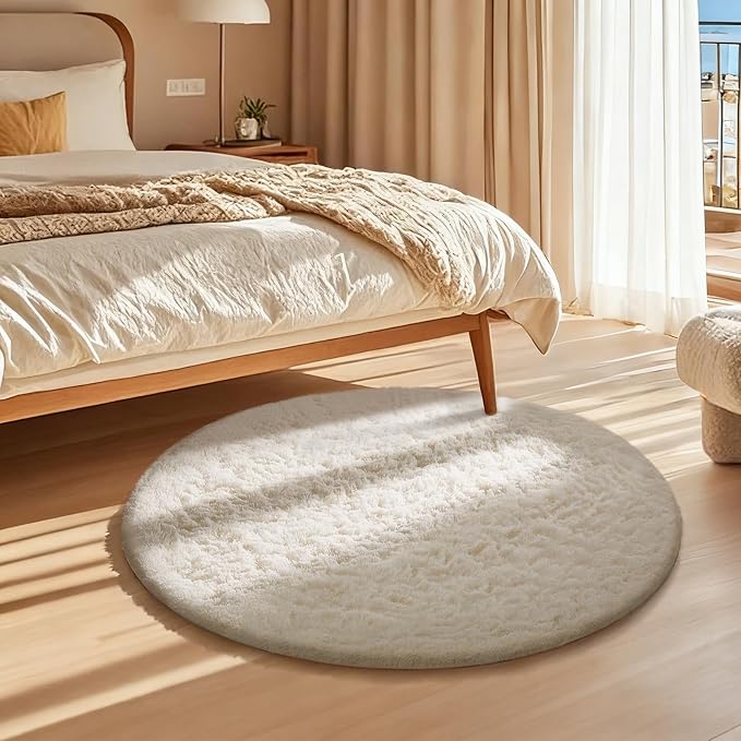 Ophanie Round Rug 2Ft Ivory Circle Area Rug, Fluffy Fuzzy Bedroom Carpet - Image 5