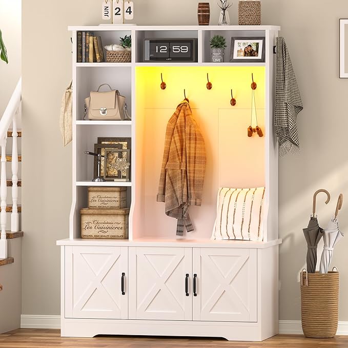 CSZZD White Hall Tree with Bench and Shoe Storage, Entryway Bench with Coat by CSZZD