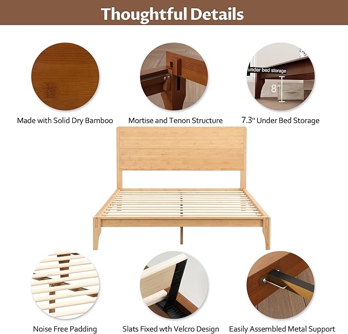 Merax Queen Size Bamboo Platform Bed, Mid-Century Modern Bed Frame - Image 5