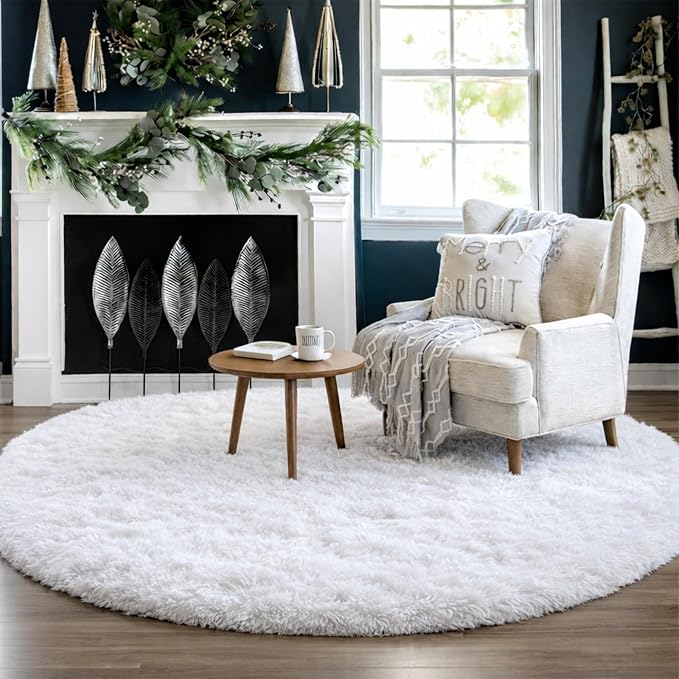 Amdrebio White Fluffy Round Rug 4Ft - Image 8