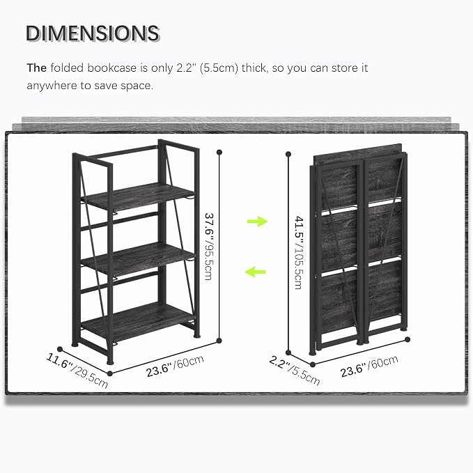 4NM No Assembly Folding Bookshelf Storage Shelves 3 Tiers Vintage Bookcase - Image 2