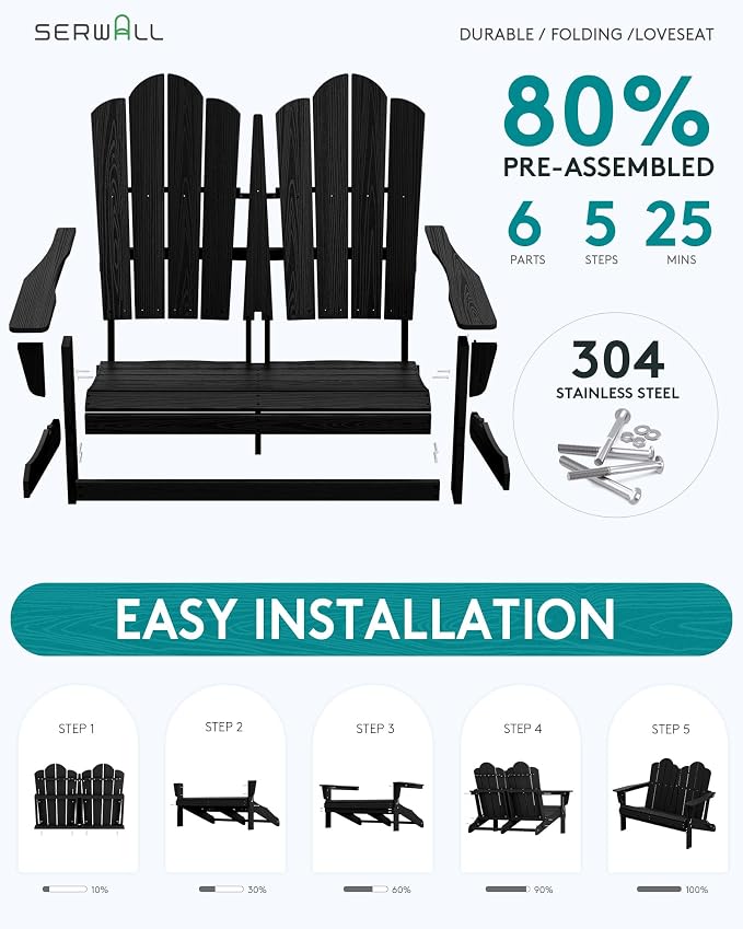 SERWALL Folding Adirondack Bench, HDPE All-Weather Adirondack Loveseat Set of 2 - Image 4
