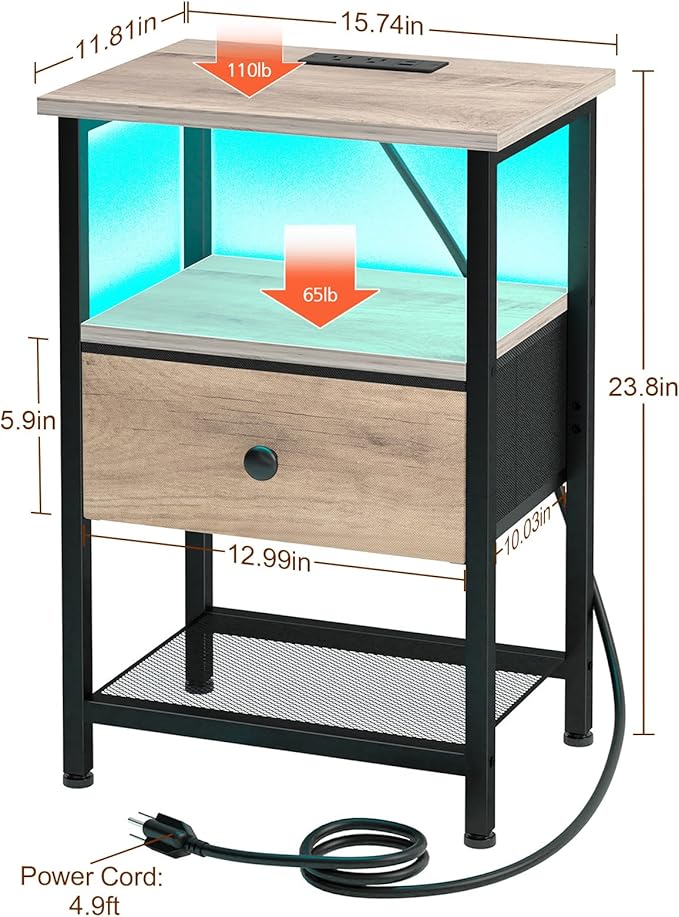 LOAKEKEL Nightstand with Charging Station, End Table with Fabric Drawer - Image 3