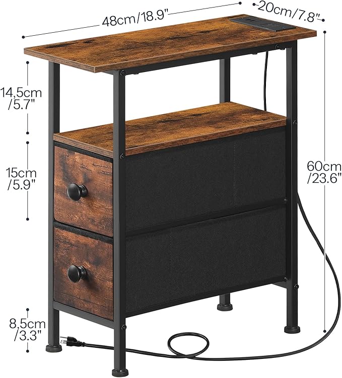 HOOBRO End Table with Charging Station, Narrow Side Table with 2 Fabric Drawers - Image 3