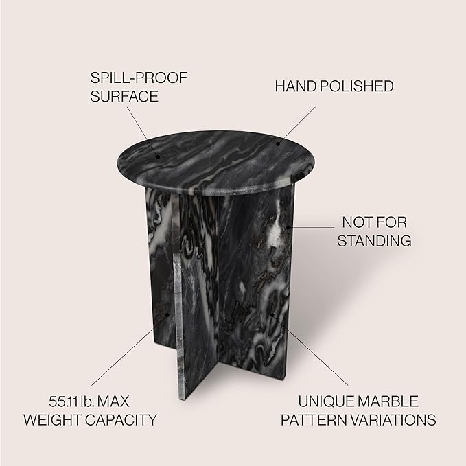 JONATHAN Y Javier Solid Black/Gray Marble End Table, 17.75" Round Modern Accent - Image 4