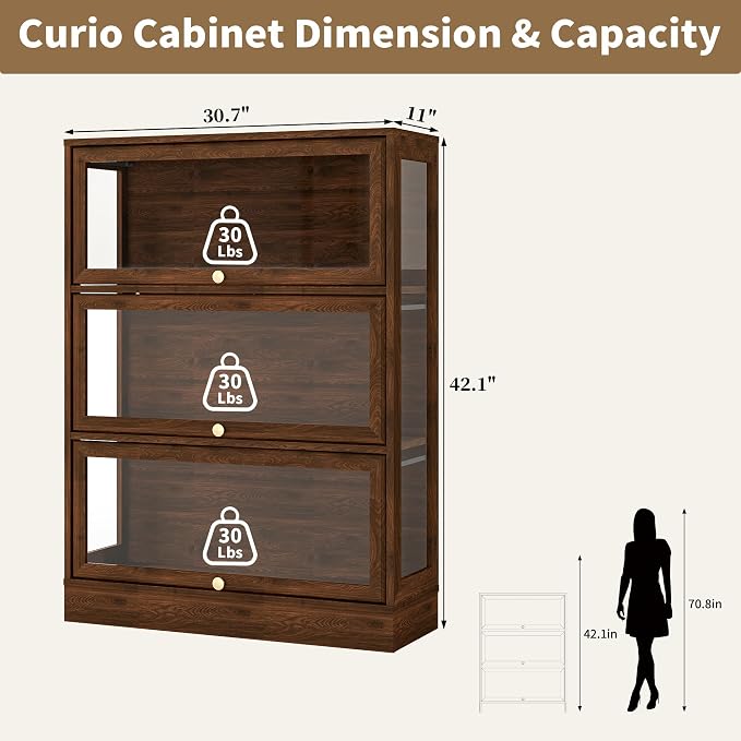Display Cabinet with Acrylic Glass Doors, 3-Tiers Curio Cabinet with LED - Image 2
