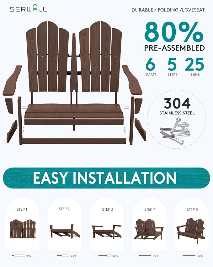 SERWALL Folding Adirondack Bench, HDPE All-Weather Adirondack Loveseat Set of 2 - Image 7