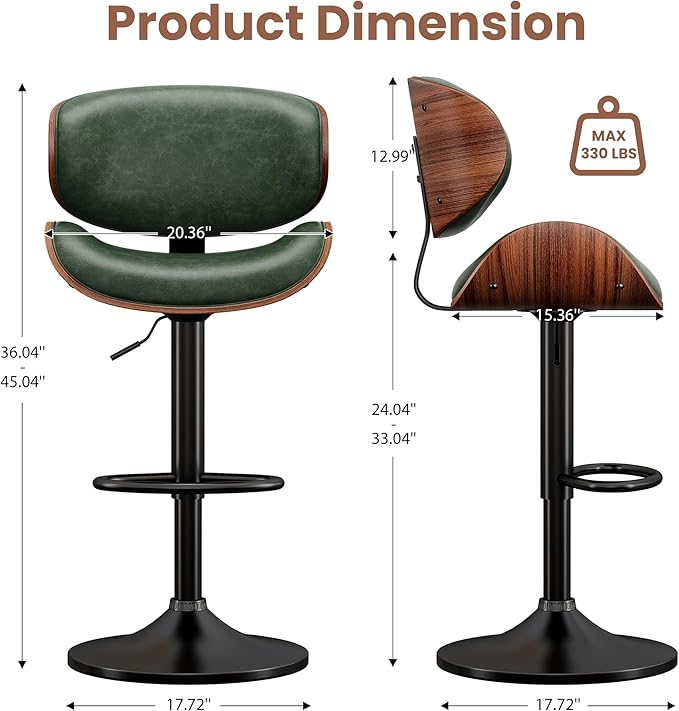 YaFiti Bar Stools Set of 3, Bentwood Adjustable Height Swivel Bar Stools - Image 2